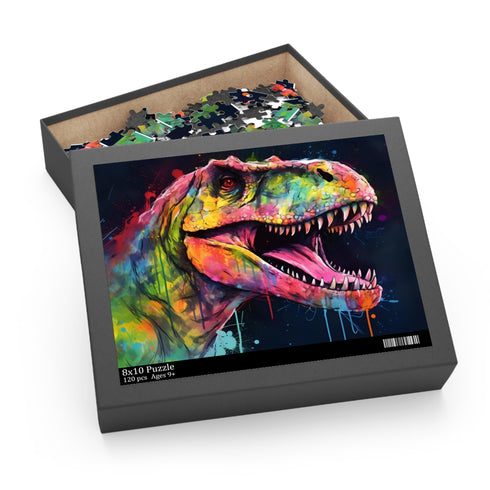 Vibrant neon TRex watercolor puzzle, perfect for fun and challenge.