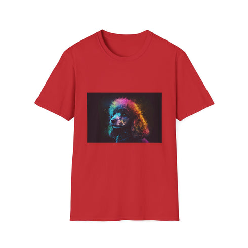 Vibrant watercolor poodle-themed tee in charcoal, size small.