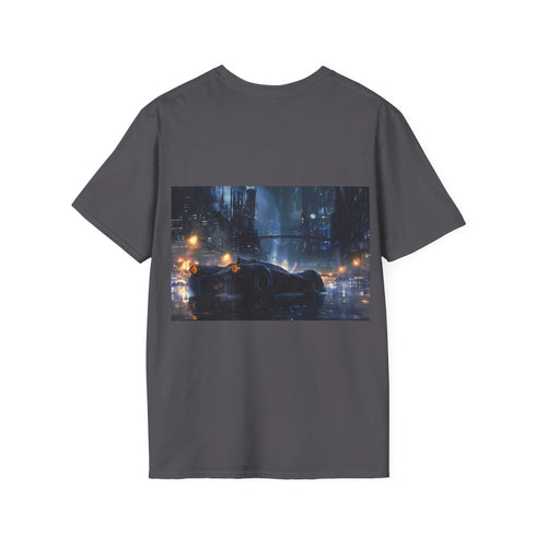 Charcoal cotton crew neck t-shirt with Gotham City Batmobile design
