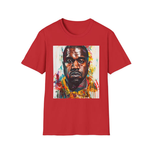 Charcoal cotton T-shirt with dynamic Kanye West portrait in vibrant colors