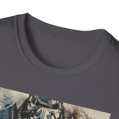 Charcoal cotton t-shirt with bold watercolor Power Armor illustration