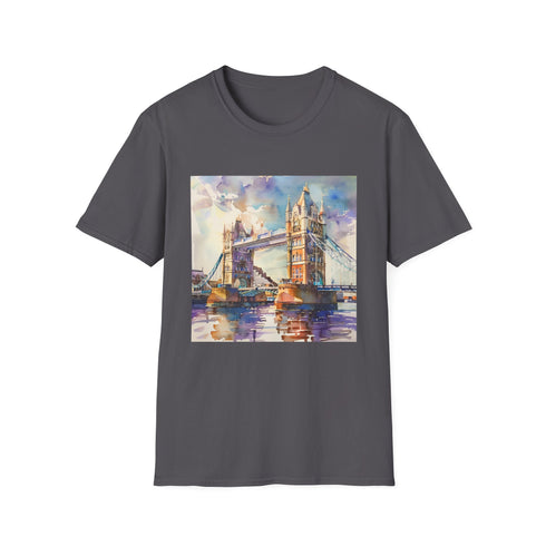 Charcoal T-shirt featuring textured watercolor Tower Bridge design in regular fit