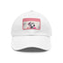 Dalmatian pattern white baseball cap with light brown patch and rectangle shape