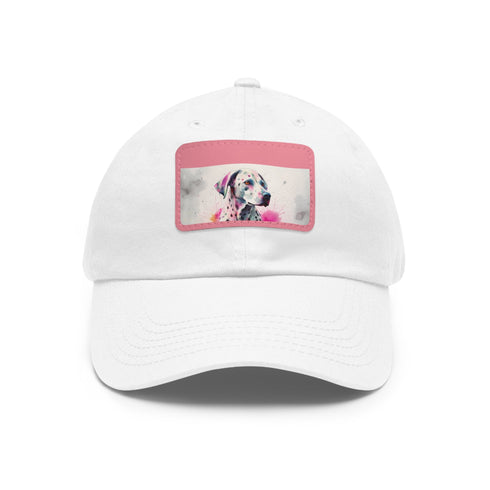 White Dalmatian baseball cap with light brown patch and cute puppy design.
