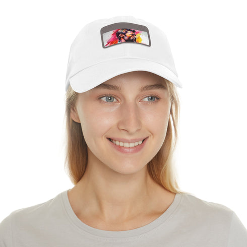 Neon watercolor Hugh Jackman baseball cap with light brown patch.