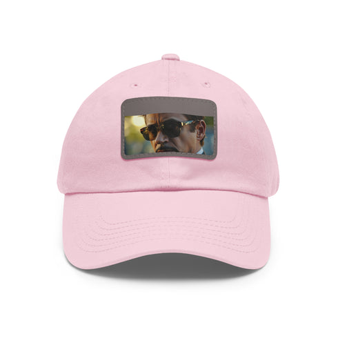 Iron Man inspired white snapback cap with light brown patch.