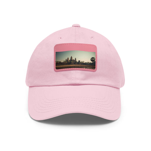 Angkor Wat inspired white baseball cap with intricate designs.