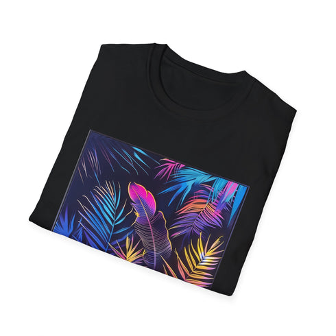 Neon palms charcoal crew neck t-shirt with vibrant tropical design