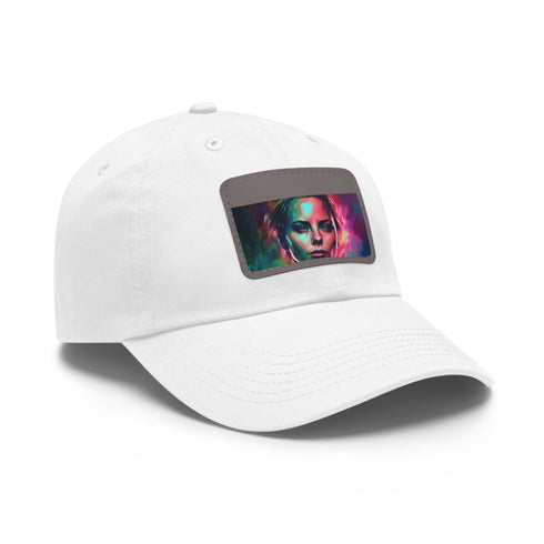 Neon watercolor charm baseball cap in white with light brown patch.