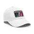 Neon watercolor charm baseball cap in white with light brown patch.