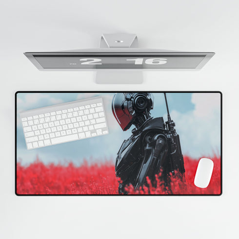 Robotic Knight Standing in Field of Red Gaming XXL Extended Desk Mat