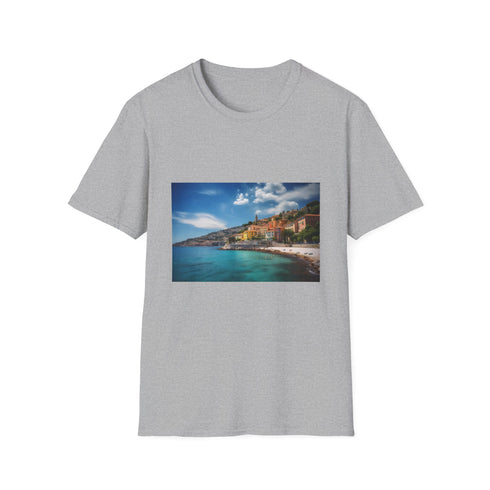 Charcoal cotton crew neck T-shirt with vibrant beach-inspired design