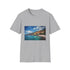 Charcoal cotton crew neck T-shirt with vibrant beach-inspired design