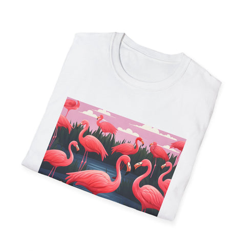 Charcoal cotton tee with pink flamingo pattern and crew neck