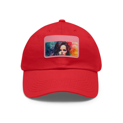 Neon watercolor Kate Beckinsale baseball cap with light brown patch.