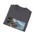 Charcoal cotton T-shirt featuring vibrant Guatemalan Lake Atitlan tranquil landscape