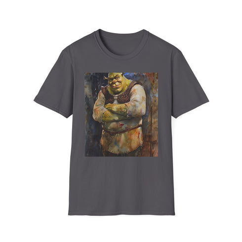 Shrek ogre design on charcoal crew neck t-shirt, regular fit.