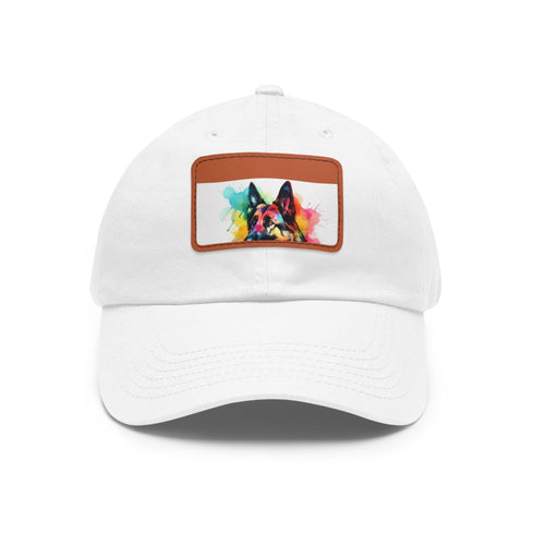 German Shephard Pup baseball cap in white with light brown patch.