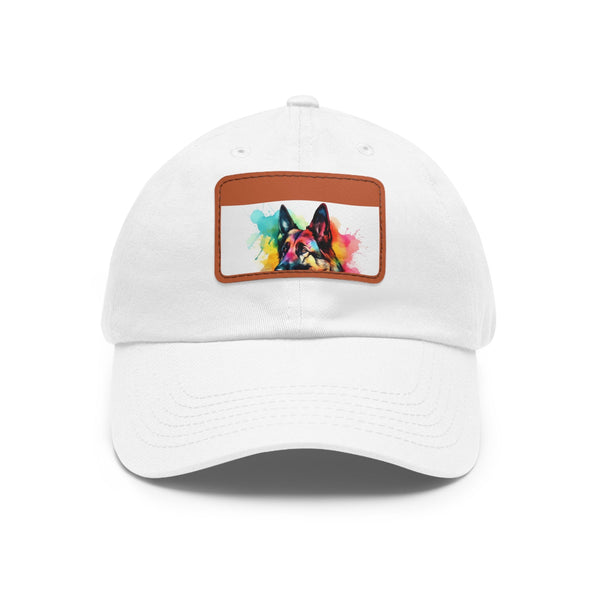 German Shephard Pup baseball cap in white with light brown patch.