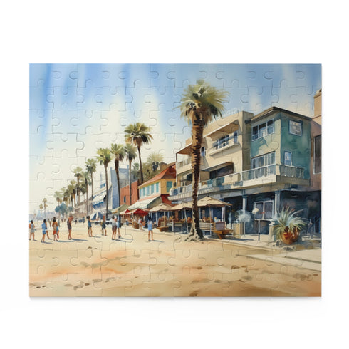 Venice Beach jigsaw puzzle captures vibrant boardwalk scene with palm trees, ideal for a relaxing day indoors