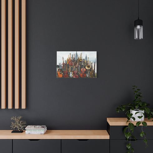 City Skyline Made of Musical Instruments Stretched Canvas Wall Art