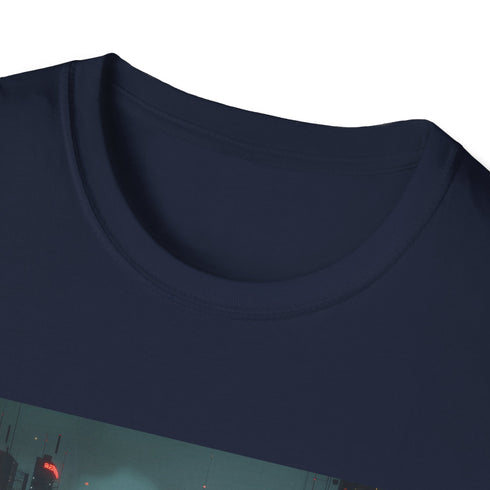 Charcoal cyberpunk cityscape t-shirt with neon skyscrapers illustration cotton crew neck
