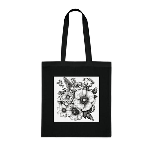Blooming Bouquet Black Cotton Tote Bag with Hand-Drawn Flowers