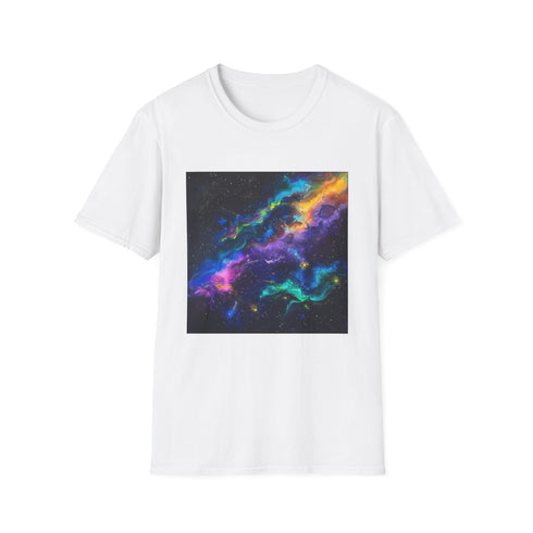 Charcoal cotton t-shirt showcasing neon space galaxy with vibrant celestial designs