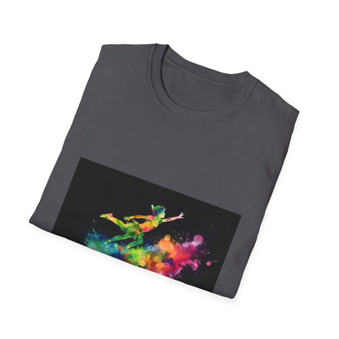 Charcoal cotton T-shirt with neon watercolor Peter Pan design and crew neck
