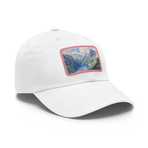 Alpine Splendor Swiss Alps watercolor baseball cap white light brown patch