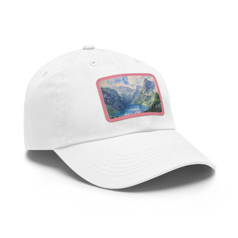 Swiss Alps watercolor baseball cap in white with light brown patch