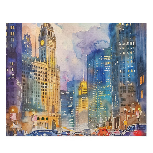 Chicago watercolor skyline jigsaw puzzle, vibrant cityscape design, 120 pieces.
