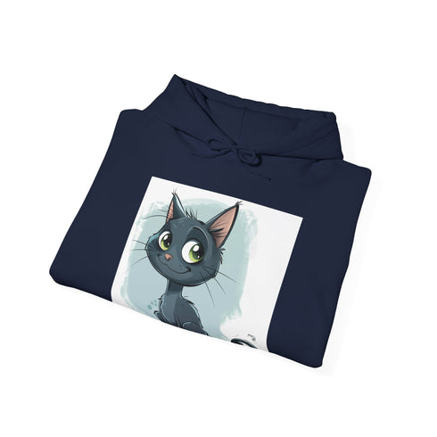 Navy cat hoodie with playful cartoon design for adventurous spirits.