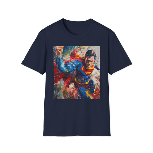 Charcoal Superman painting t-shirt with vivid brushstrokes and vibrant colors