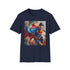 Charcoal Superman painting t-shirt with vivid brushstrokes and vibrant colors