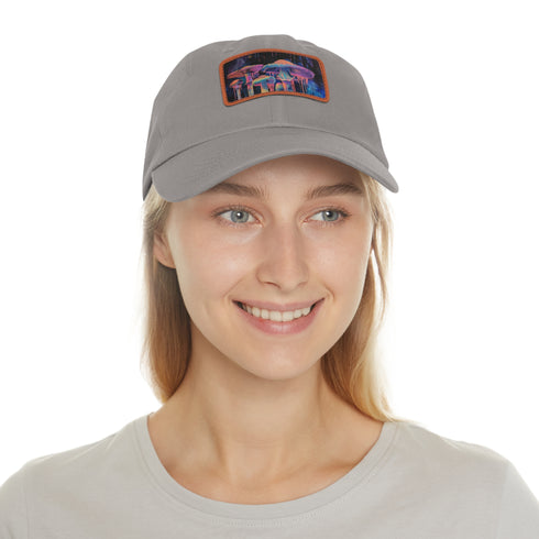 Vibrant white trucker hat with light brown patch featuring mushrooms.
