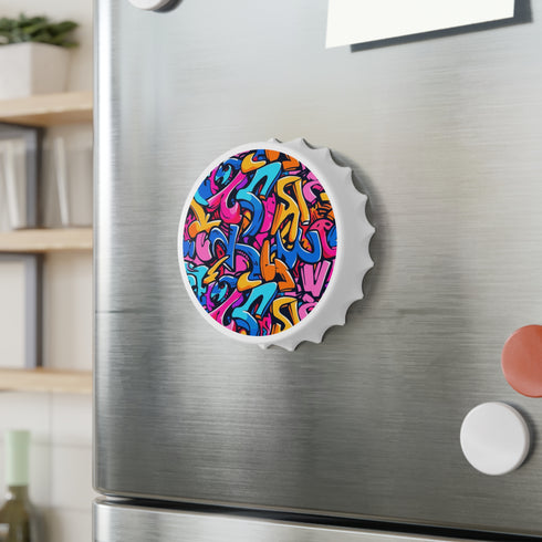 Urban graffiti white bottle opener with neon pattern, a stylish kitchen accessory.