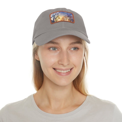 Eiffel Tower Dreamscape baseball cap, white with light brown patch.