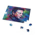 Vibrant Elon Musk watercolor jigsaw puzzle with neon colors.