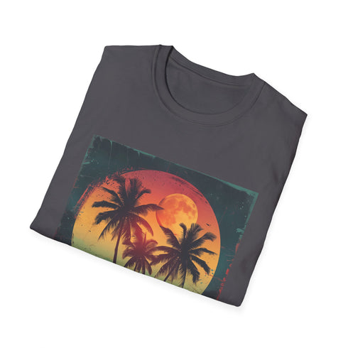 Palm Paradise Retro Sunset Escape T-shirt in Charcoal, Small - Cotton Crew Neck Shirt