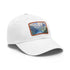 Swiss Alps watercolor baseball cap with light brown patch.