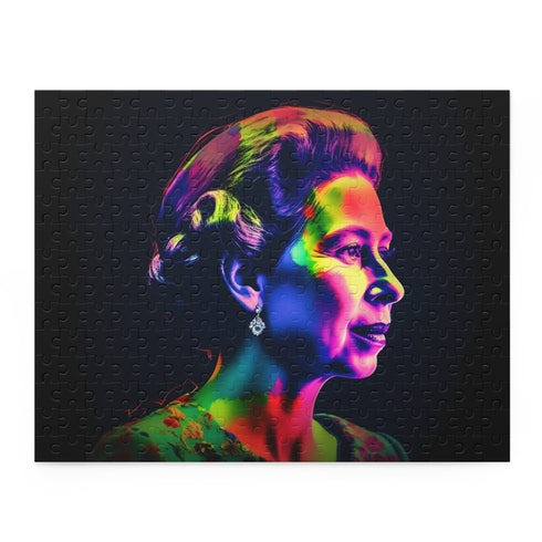 Vibrant neon puzzle of young Queen Elizabeth II portrait.
