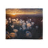 Sunset Canyon with Floating Bioluminescent Jellyfish — Plush Fleece Throw Blanket — Draped Over Sofa & Bed Lifestyle View
