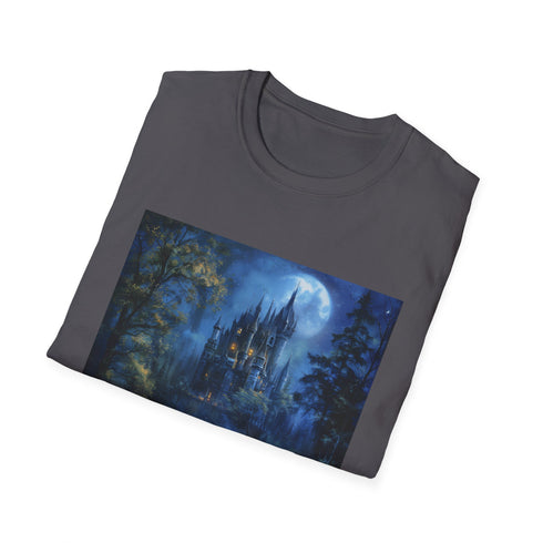 Charcoal cotton t-shirt featuring a moonlit castle in dreamy forest scene