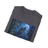 Charcoal cotton t-shirt featuring a moonlit castle in dreamy forest scene