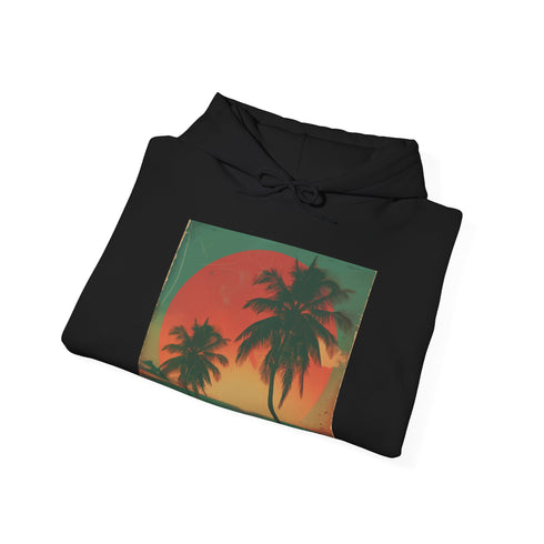 Tropical sunset hoodie in navy.