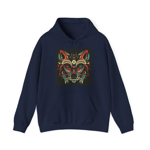 Tribal navy hoodie with intricate animal totem patterns for wild spirits.