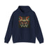 Tribal navy hoodie with intricate animal totem patterns for wild spirits.