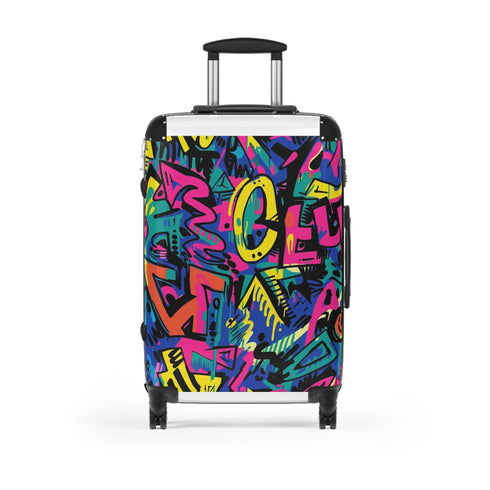 Neon graffiti small black suitcase with trendy urban pattern for travel.