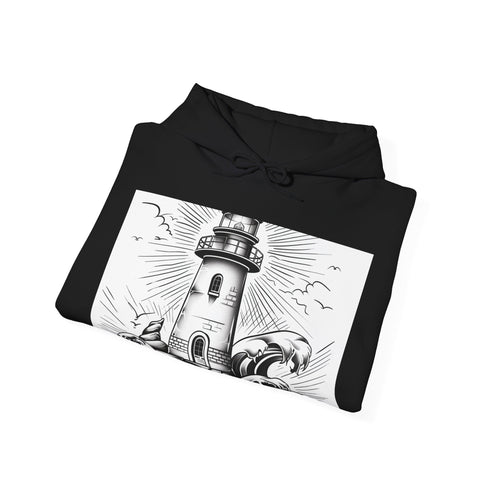 Hand-drawn navy coastal lighthouse hoodie for men and women.